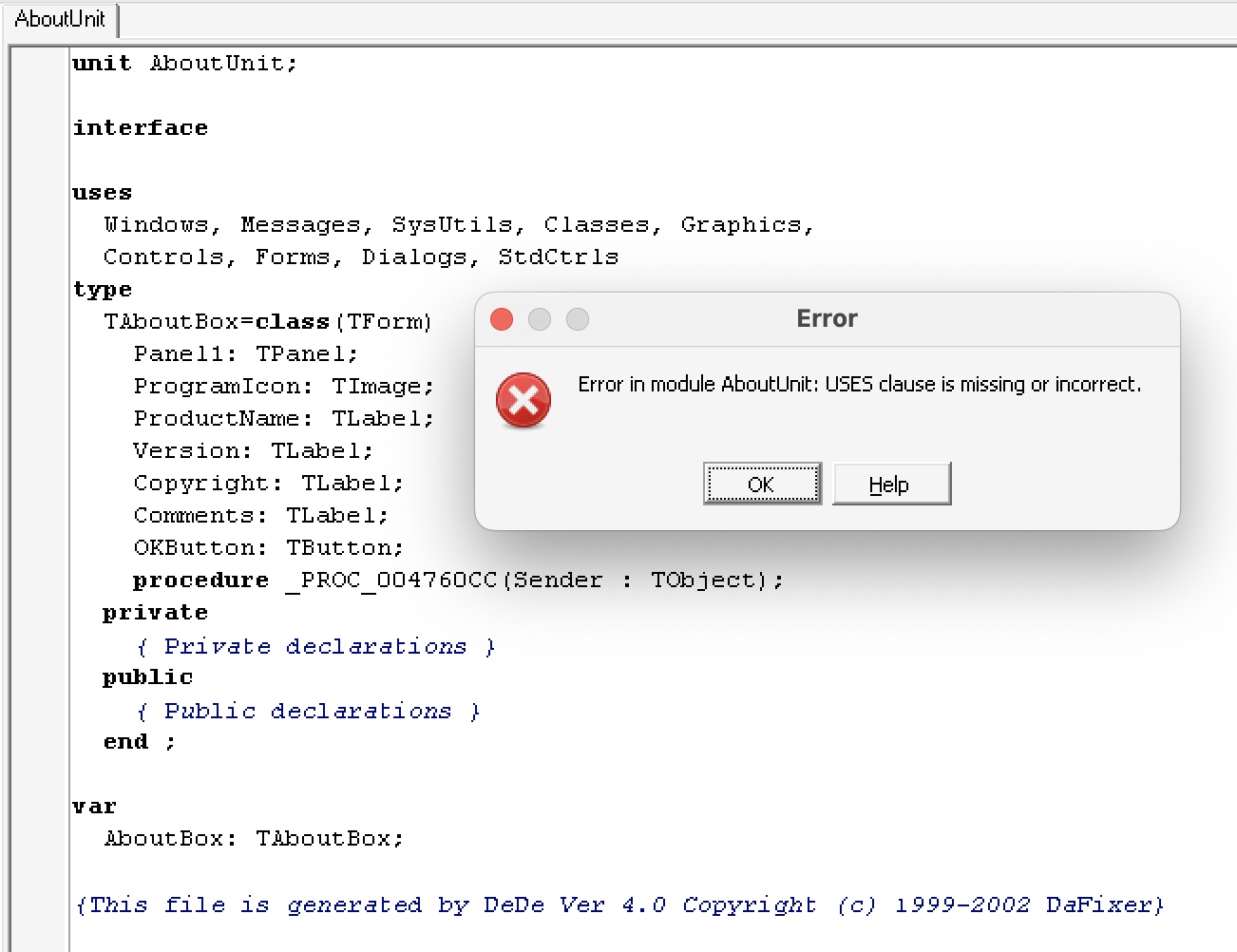 Delphi 3 reporting a missing or incorrect uses clause in AboutUnit
