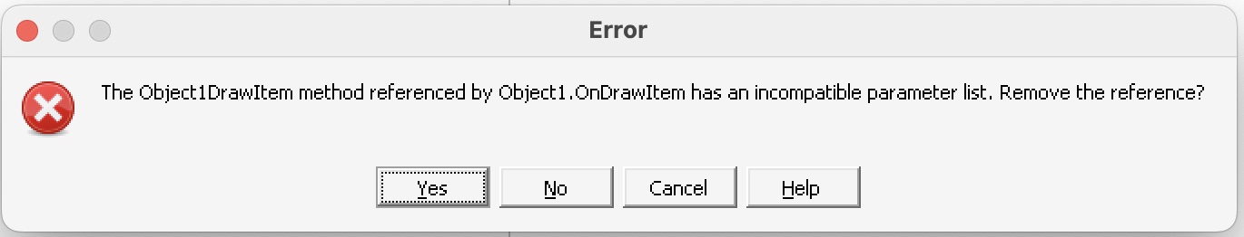 Delphi 3 warning about the recovered ActionUnit OnDrawItem event parameter list