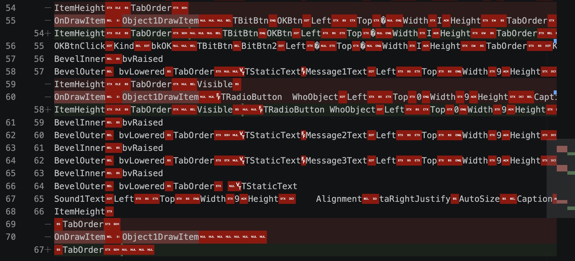 Binary DFM diff after Delphi removed recovered event references