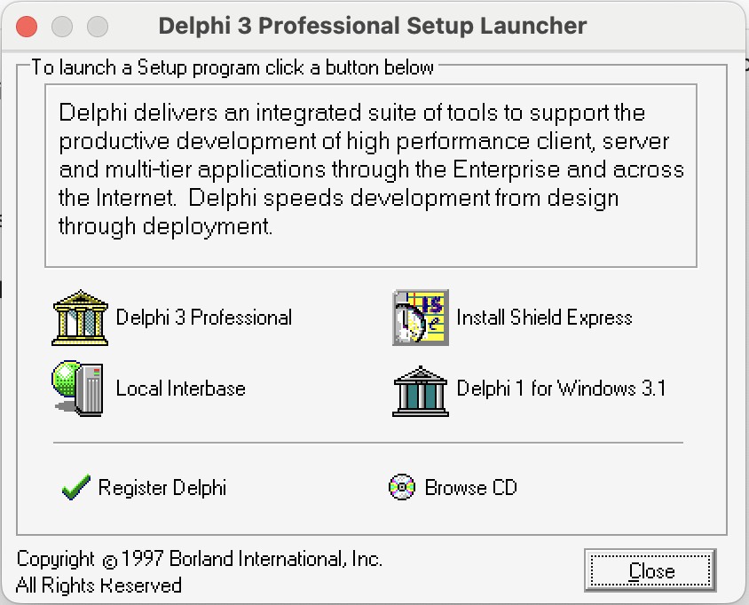 Delphi 3 Professional setup launcher running under CrossOver