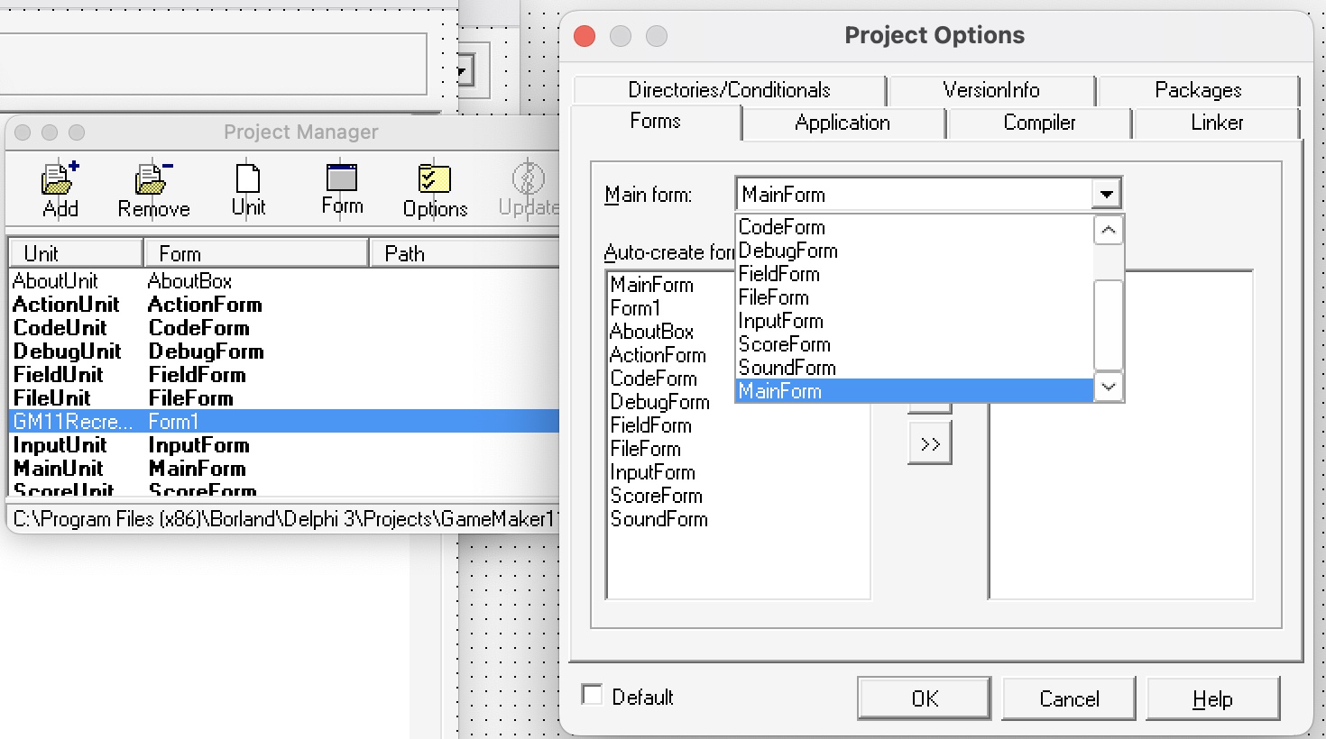 Selecting the recovered Game Maker MainForm in Delphi 3 Project Options