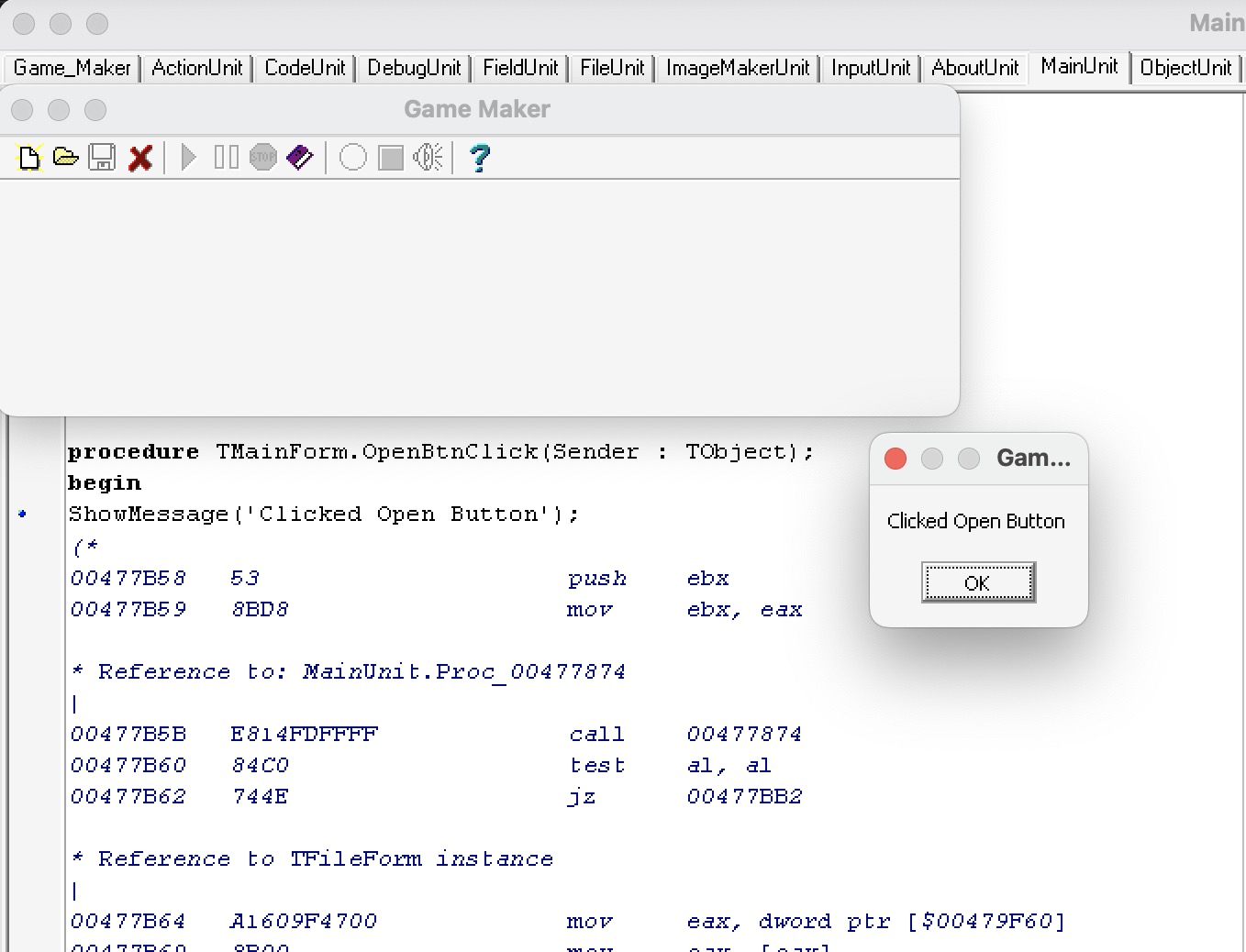 Delphi 3 ShowMessage debug dialog triggered by the Game Maker 1.1 open button