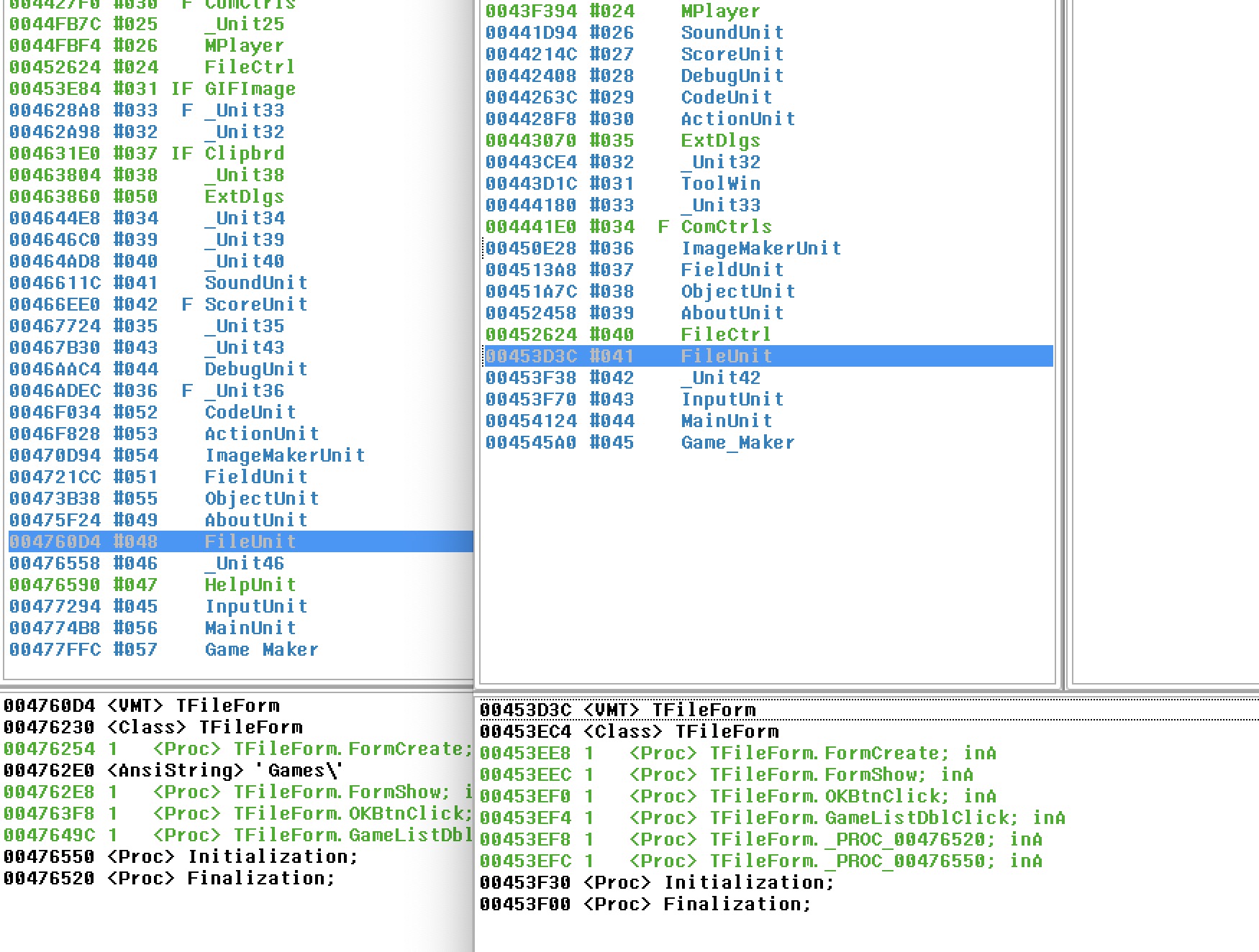 IDR comparison of the original Game Maker 1.1 executable and the rebuilt Delphi test project