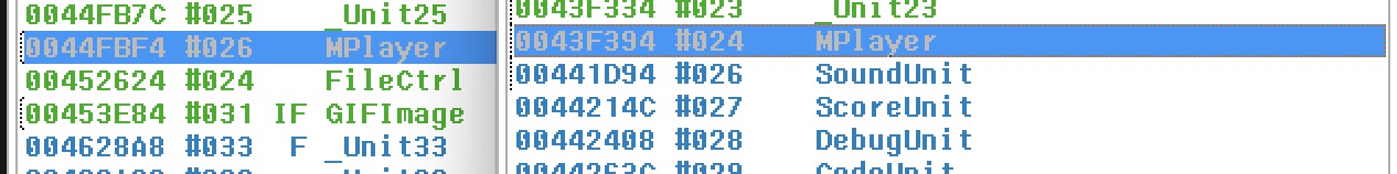IDR showing Unit33 between MPlayer and SoundUnit in the original Game Maker 1.1 executable